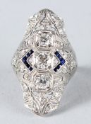 A GOOD 14CT WHITE GOLD, DIAMOND AND SAPPHIRE DECO RING.