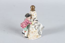 A CAPODIMONTE PORCELAIN SCENT BOTTLE AND STOPPER with a young man and a goat. N mark in blue. 8cms