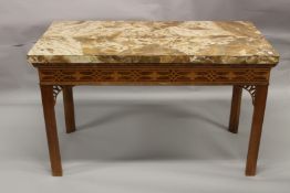A CONTINENTAL SERVING TABLE with faux marble top, the frieze with blind fret carving. 136cms long