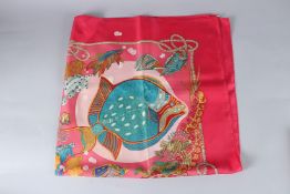 A HERMES PINK SILK FISH SCARF. 150cms x 90cms, in Hermes box.