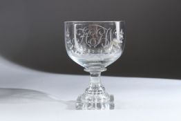 A GEORGE III GLASS SQUARE BASKET TUMBLER. Engraved H.G.W. 5.5ins high.