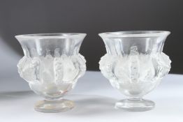 A GOOD PAIR OF LALIQUE VASES with chubby birds. Engraved Lalique, France. 10cms high x 11cms