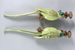 A GOOD PAIR OF GREEN PARROT WALL SCONCES. 42cms long.