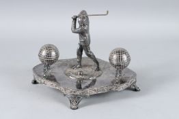 A SILVER PLATED GOLF INKSTAND by James Deakin & Sons, Sheffield, with a golfer and two ball