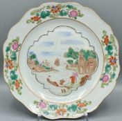 A SUPERB CHINESE EXPORT PORCELAIN PLATE. 8.5ins diameter. European harbour scene. Circa 1740.