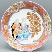 A GOOD CHINESE EUROPEAN MARKET SAUCER. 6.25ins diameter. Painted with a Gallant and a Lady. Circa