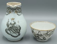 A CHINESE EXPORT EN GRISAILLE SPARROW BEAK JUG. 4ins high, and a TEA BOWL. A King holding a Peacock.