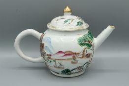 A VERY GOOD CHINESE EXPORT PORCELAIN TEAPOT AND COVER painted with a European scene with Chinese