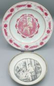 TWO CHINESE EXPORT EN GRISAILLE PLATES in pink. 8.75ins and 6ins diameter. Semi-Nude and Servant.