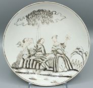A CHINESE EXPORT EN GRISAILLE CIRCULAR DISH. 8ins diameter. SERENADING HIS LOVER. Circa 1740.
