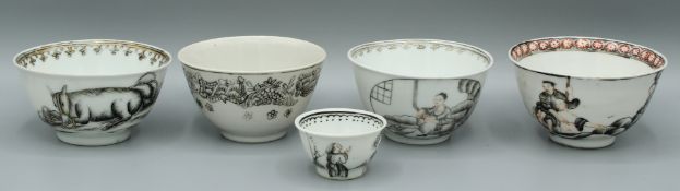 FIVE CHINESE EXPORT EN GRISAILLE TEA BOWLS. Various designs. Circa 1740.