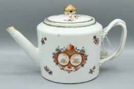 A CHINESE CIRCULAR EXPORT PORCELAIN ARMORIAL TEAPOT, CIRCA 1736 - 1795. With a double crest and