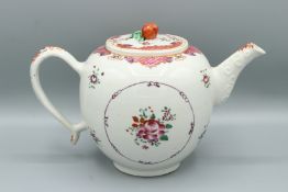 A CHINESE FAMILLE ROSE GLOBULAR TEAPOT AND COVER, CIRCA 1740 - 1760. Painted with panels and