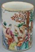 A CHINESE TANKARD with Chinese scenes and flowers. 5ins high. Circa 1740.