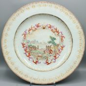 A SUPERB CHINESE EXPORT PORCELAIN PLATE with a European Harbour scene. 12.5ins diameter. Circa