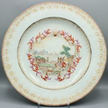 A SUPERB CHINESE EXPORT PORCELAIN PLATE with a European Harbour scene. 12.5ins diameter. Circa
