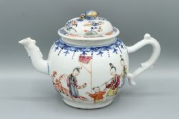 A CHINESE EXPORT PORCELAIN TEAPOT AND COVER. The sides painted with figures, with blue borders.
