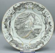 A FINE CHINESE EXPORT EN GRISAILLE CIRCULAR PLATE. 9ins diameter. LADY HAMILTON. Circa 1740.