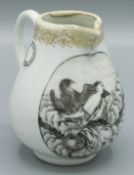 A CHINESE EXPORT SPARROW BEAK JUG. 3.5ins high. Romantic scene. Circa 1740. Provenance: Mujintang