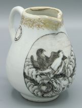 A CHINESE EXPORT SPARROW BEAK JUG. 3.5ins high. Romantic scene. Circa 1740. Provenance: Mujintang