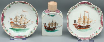 THREE CHINESE EXPORT PORCELAIN PIECES, a tea caddy, saucers and shaped dish decorated with English