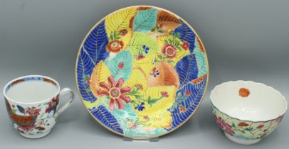 THREE CHINESE EXPORT TOBACCO LEAF PIECES. Tea bowl, cup and plate. Circa 1740.