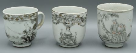 THREE VARIOUS CHINESE EXPORT EN GRISAILLE TEACUPS. European scenes. Circa 1740.