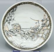 A CHINESE EXPORT EN GRISAILLE DECORATED PLATE. 4.5ins diameter. Horses and Chariot. Circa 1740.