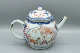 A SUPERB CHINESE EXPORT TEAPOT AND COVER, CIRCA 1770. Famille Rose with figures in a pavilion