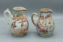 TWO CHINESE EXPORT PORCELAIN SPARROW BEAK JUGS, CIRCA 1770. Both 5ins high. One decorated with