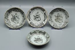 FOUR CHINESE EXPORT EN GRISAILLE SAUCERS. 4.5ins diameter. King with Robes. Circa 1740.