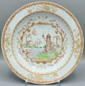 A SUPERB CHINESE EXPORT PORCELAIN PLATE with a European scene. 8.5ins diameter. Provenance: Jorge