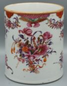 A GOOD CHINESE TANKARD. 5.5ins high. Painted with a panel of flowers and detached flowers. Circa