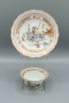 A VERY GOOD CHINESE EXPORT PORCELAIN TEA BOWL AND SAUCER, CIRCA 1736, The centre with five figures