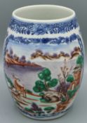 A CHINESE BARREL SHAPED TANKARD. 6ins high. Painted with a landscape scene with deer. Circa 1740.