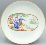 A CHINESE CIRCULAR DISH. 6.5ins diameter. Painted with two figures and a sailing boat. Circa 1740.