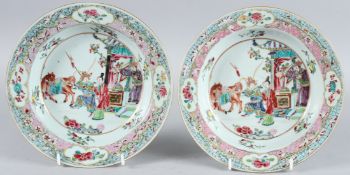 A VERY GOOD PAIR OF CHINESE YUNG CHENG 1723 - 1735 PLATES. 9ins diameter. Four vignettes to the