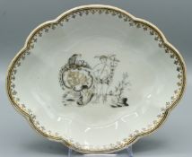 A CHINESE EXPORT EN GRISAILLE SPARROW OVAL DISH. 6.5ins. HERMES, MESSENGER OF THE GODS. Circa 1740.