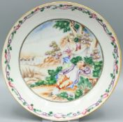 A GOOD CHINESE EXPORT SAUCER. 5ins diameter. Painted with European figures. Circa 1740.