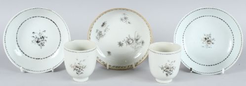 THREE VARIOUS EXPORT SAUCERS, A TEA BOWL AND TWO TEACUPS. Circa 1740.