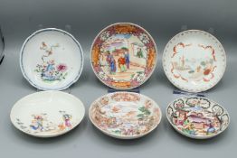 A MIXED LOT OF SIX CHINESE EXPORT PORCELAIN SAUCERS.