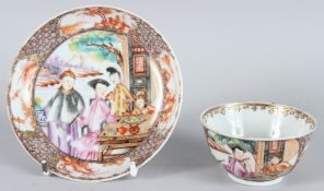 A VERY GOOD CHINESE EXPORT PORCELAIN TEA BOWL AND SAUCER, CIRCA 1736 - 1750. With four figures in an