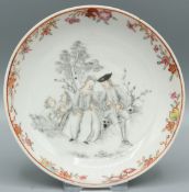 A CHINESE EXPORT EN GRISAILLE CIRCULAR SAUCER. 4.75ins diameter. European scene of lovers. Circa
