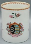 A CHINESE TANKARD with European Armorial and flowers. Circa 1740.