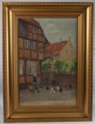 CONTINENTAL SCHOOL (LATE 19TH / EARLY 20TH CENTURY) Feeding chickens in the back yard, oil on