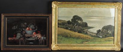 DUTCH STILL LIFE Medici colour print, 31 x 45cm and another coloured print of a coastline, 41 x 64.