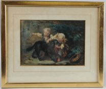 MARTH DARLEY MUTRIE (1824-1885) 'The Happy Trio' watercolour, signed with initials, 16 x 22.5cm
