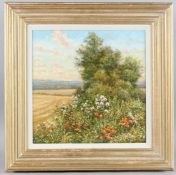 MERVYN GOODE 'Thistledown and Poppies, Evening Light' oil on canvas, signed, 29.5 x 29.5cm