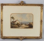 ENGLISH SCHOOL (19TH CENTURY) Landscape with cottage and figures, church spire and hills beyond,