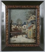MONTEGUE Winter street scene with children in the snow oil on board, signed, 35 x 27.5cm